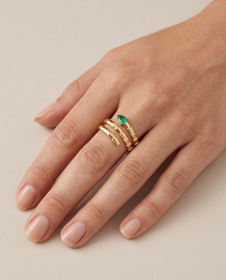 14KT Yellow Gold Emerald Snake Ring view 2