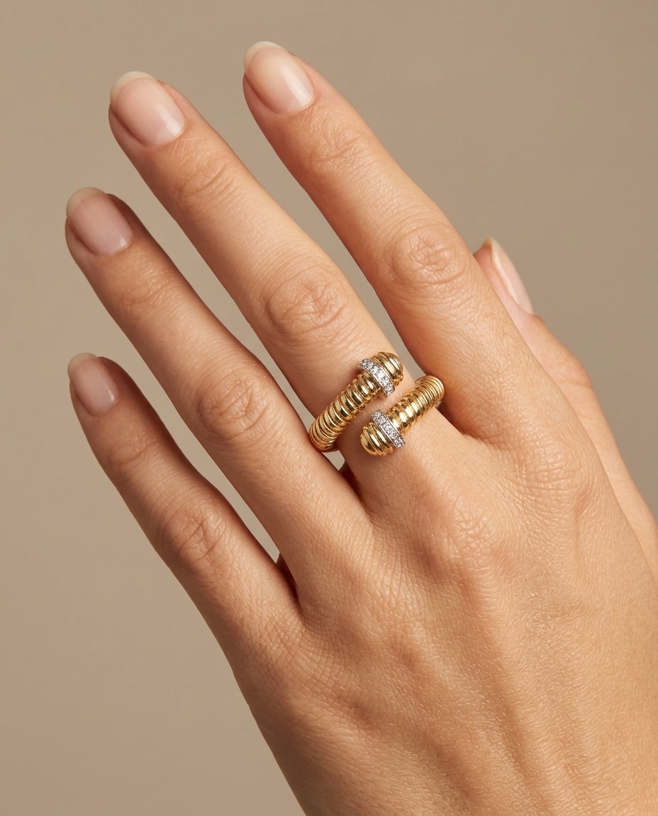 14KT Yellow Gold and Diamonds Tubogas Ring on model