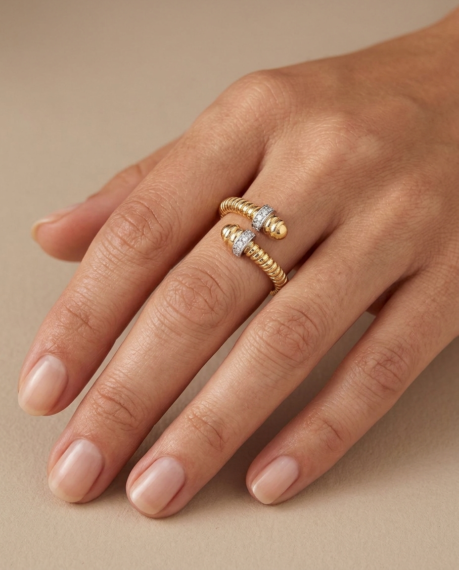 14KT Yellow Gold and Diamonds Tubogas Ring on model