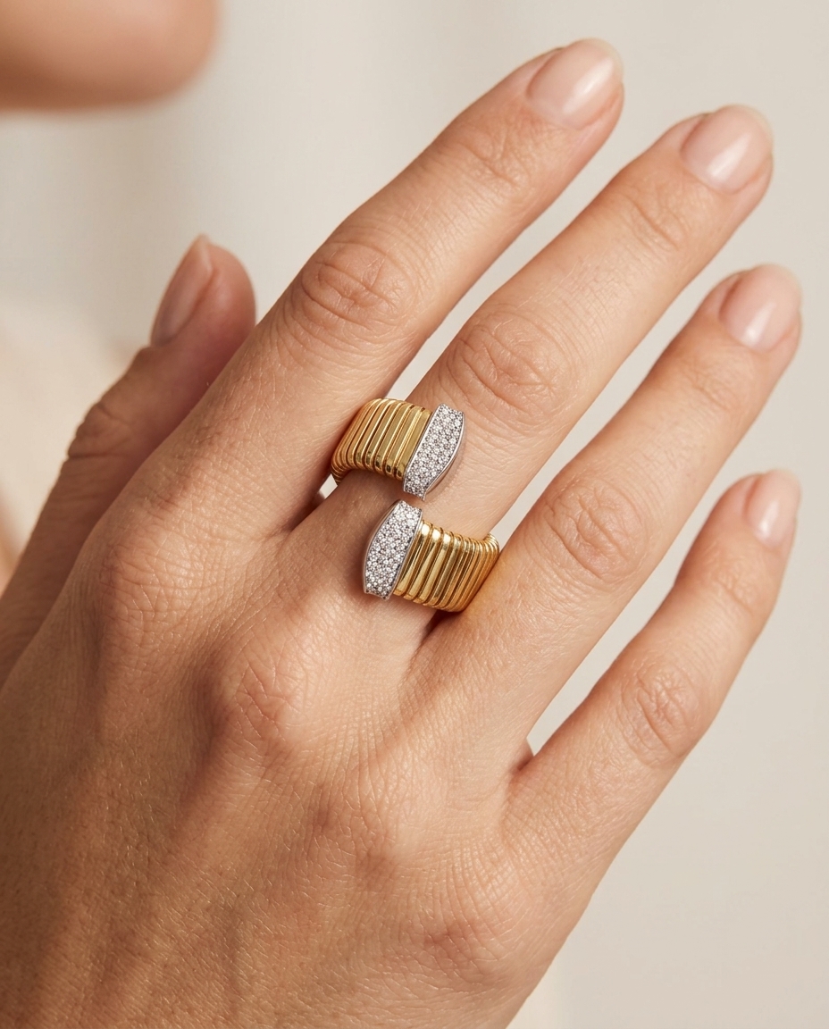 14KT Yellow Gold Diamond Open Bypass Ring view 2