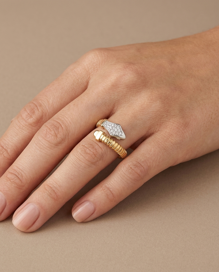14KT Yellow Gold Diamond Serpent Open Bypass Ring on model