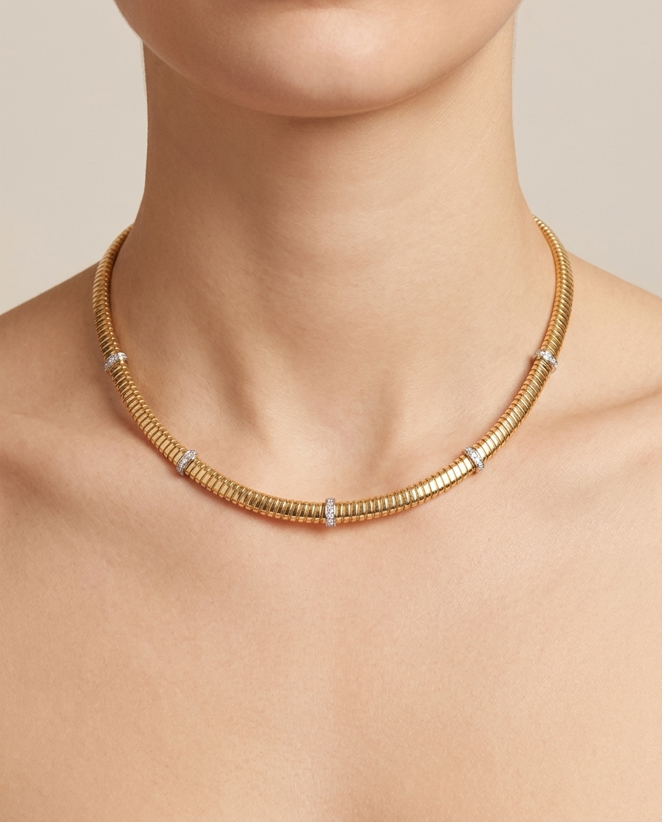 14KT Yellow Gold Diamond Tubogas Necklace on model