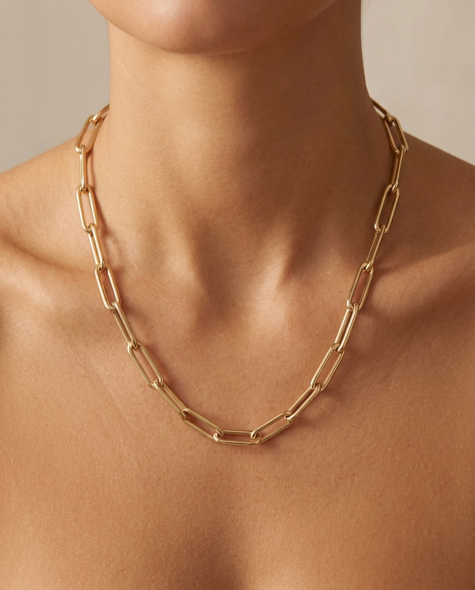 14KT Yellow Gold Paperclip Necklace on model