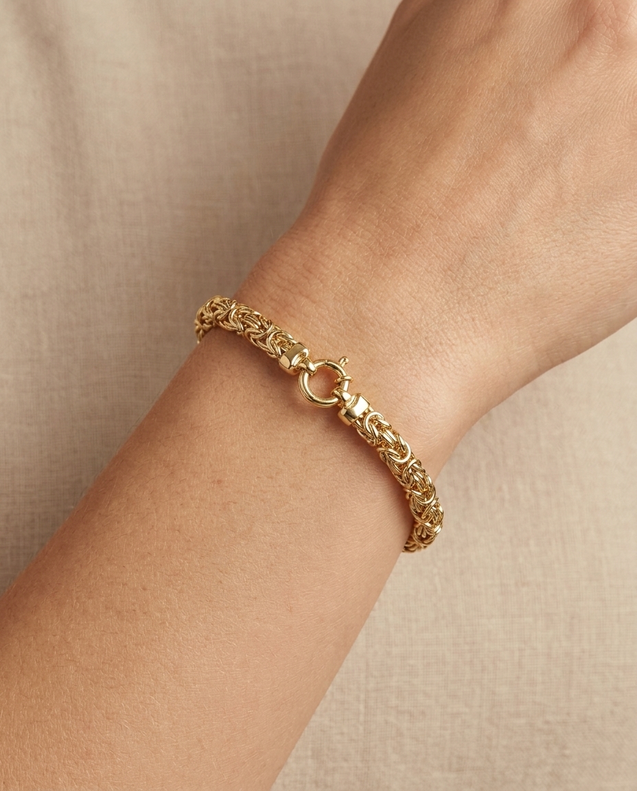 14KT Yellow Gold Byzantine Bracelet on model