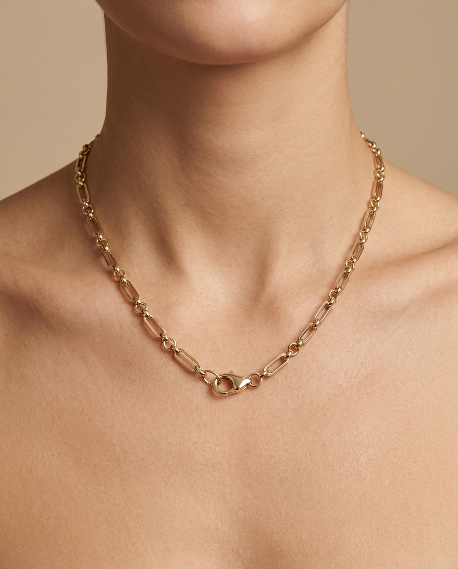 14KT Yellow Gold Paperclip Necklace on model