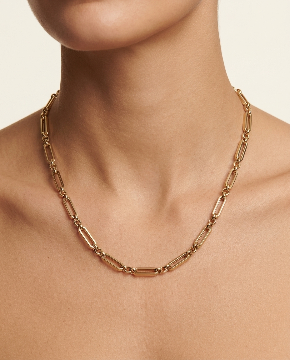 14KT Yellow Gold Paperclip Necklace on model