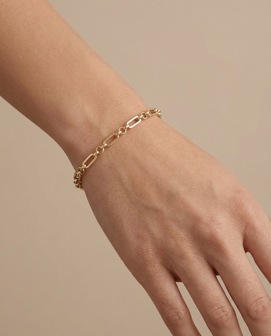 14KT Yellow Gold Paperclip Bracelet on model