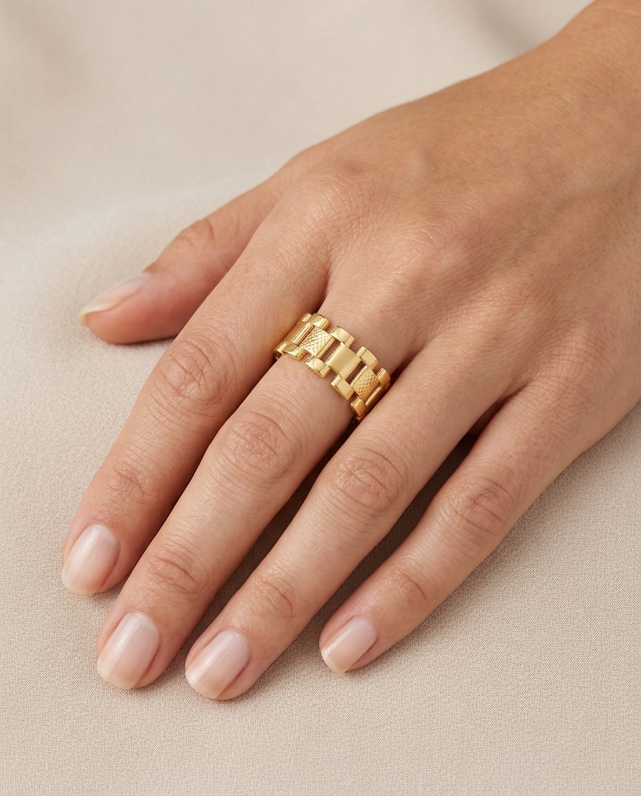 14KT Gold Band Ring on model