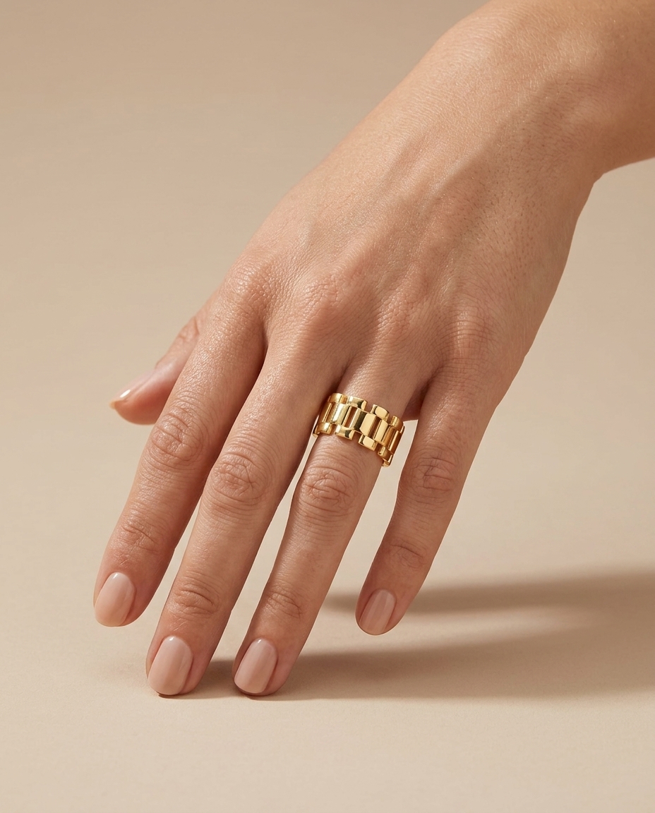 14KT Gold Band Ring on model