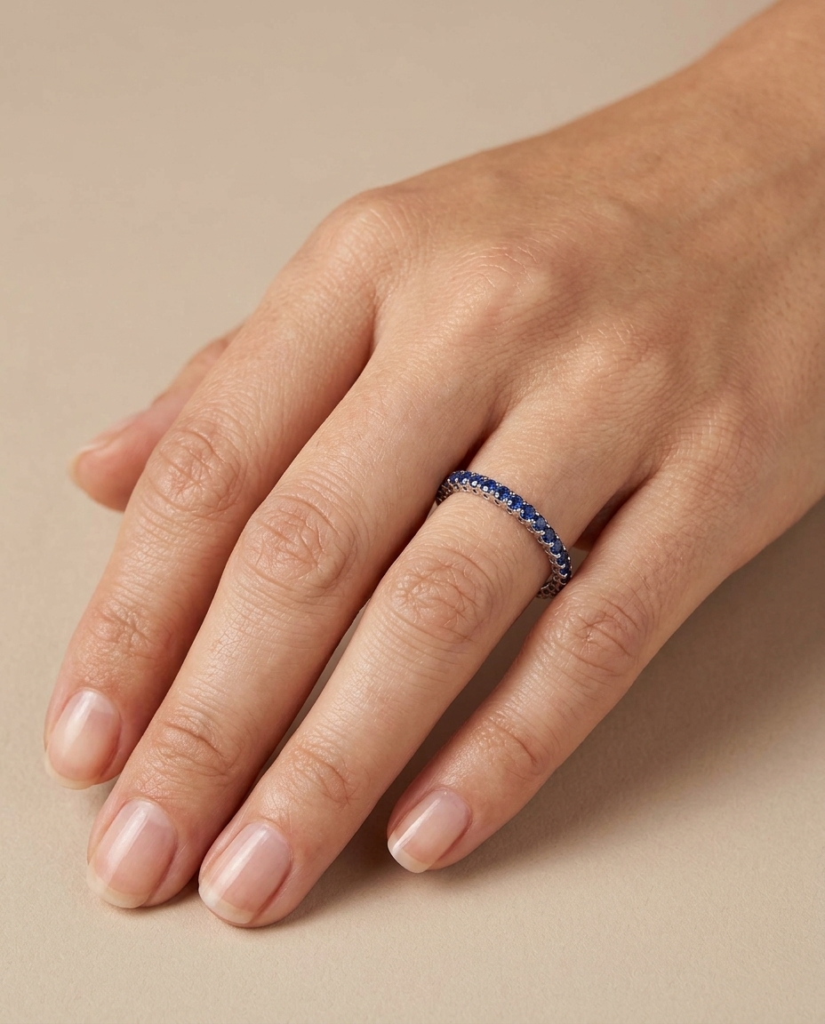 18KT Gold Full Eternity Blue Sapphire Ring Band view 2