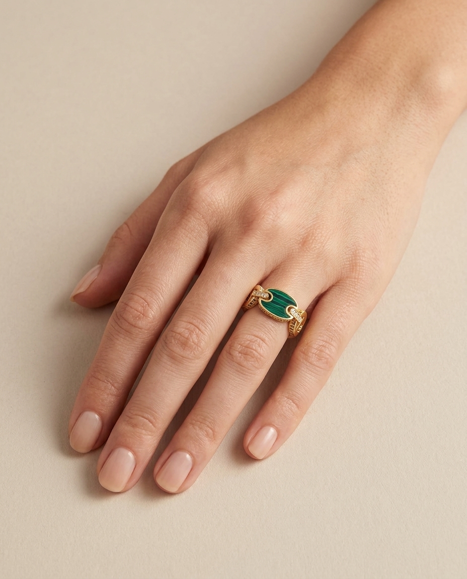 14KT Yellow Gold Malachite and Diamonds Ring view 2