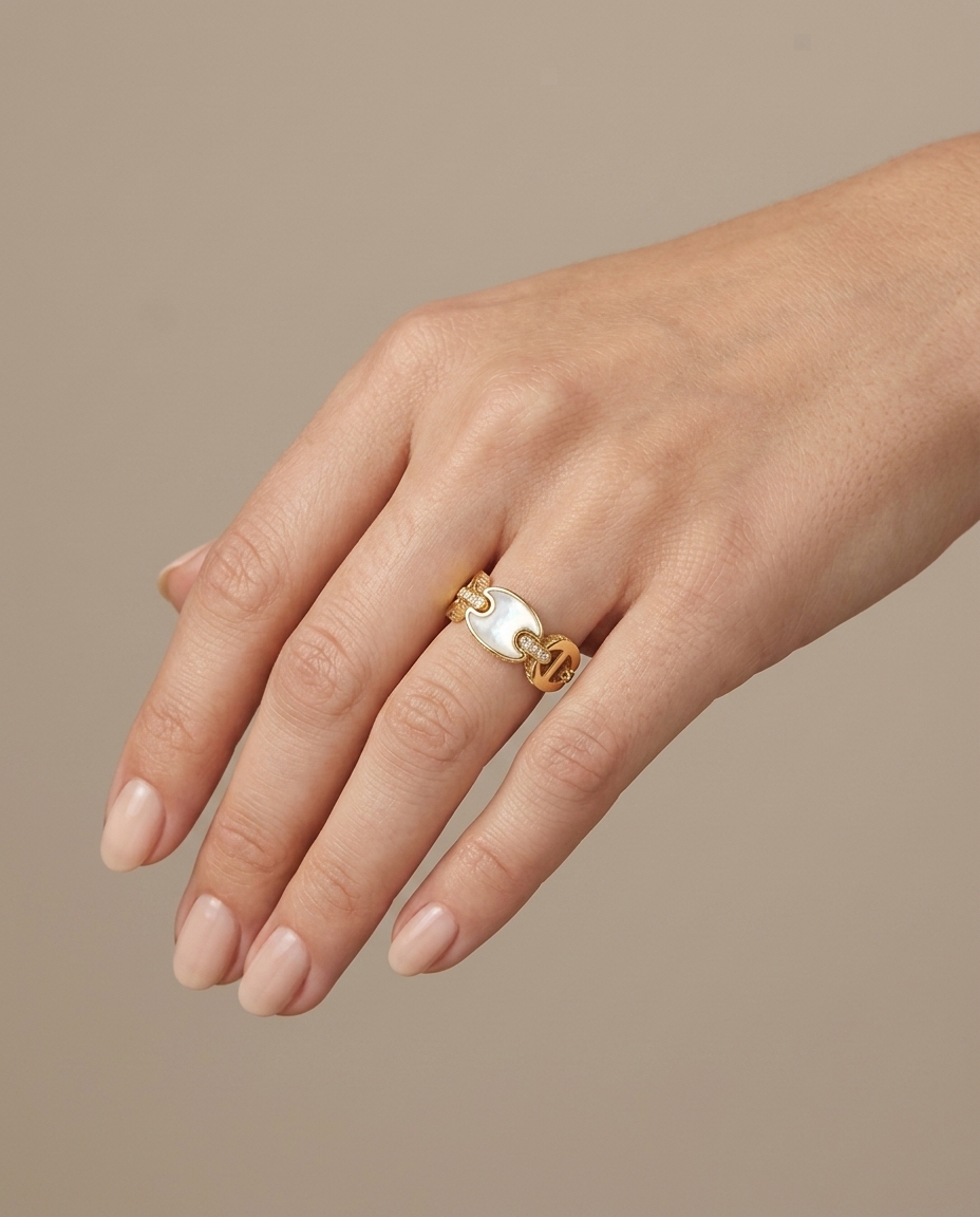 14KT Yellow Gold Mother of Pearl and Diamonds Ring view 2