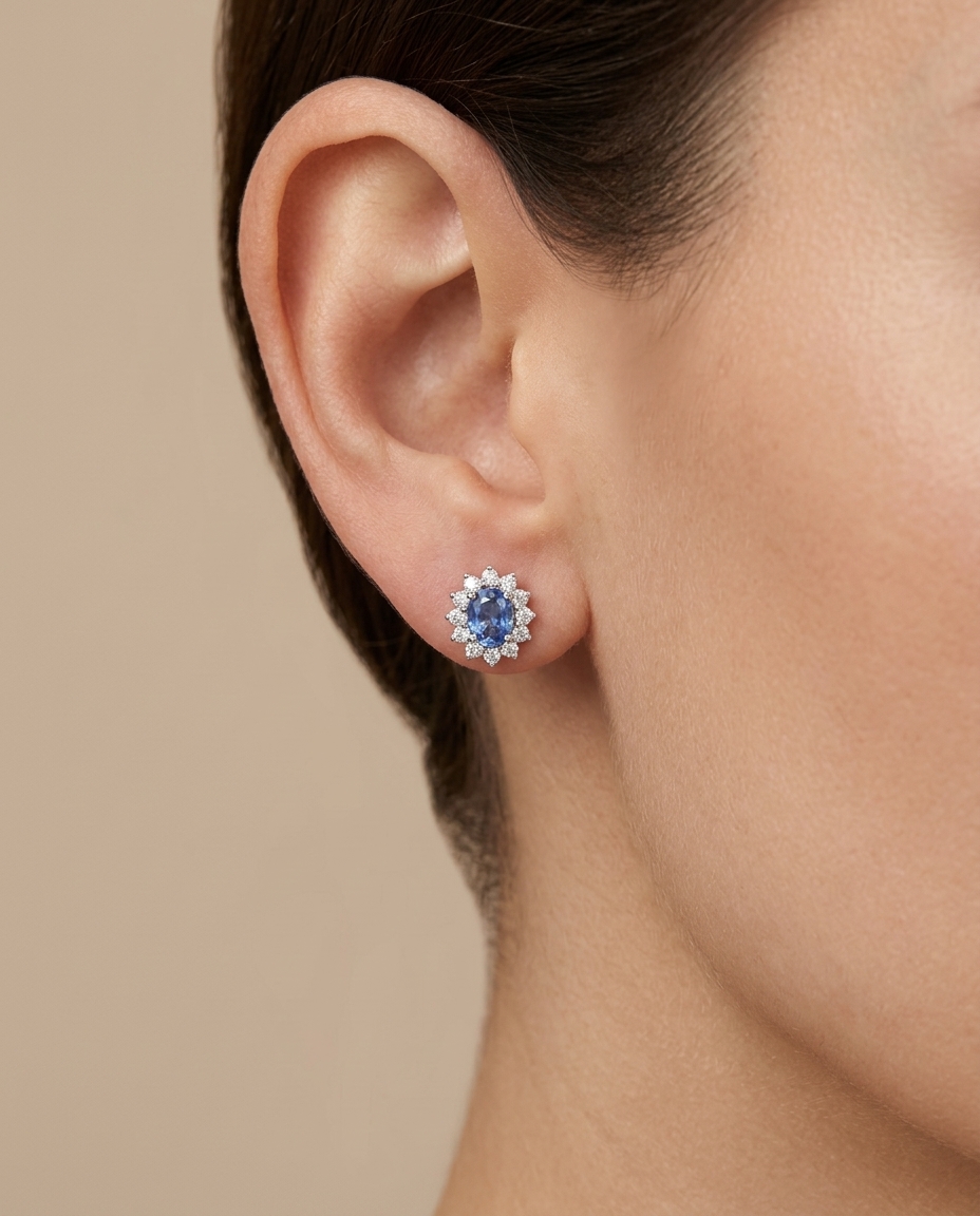 18KT White Gold Sapphire and Diamonds Earring on model