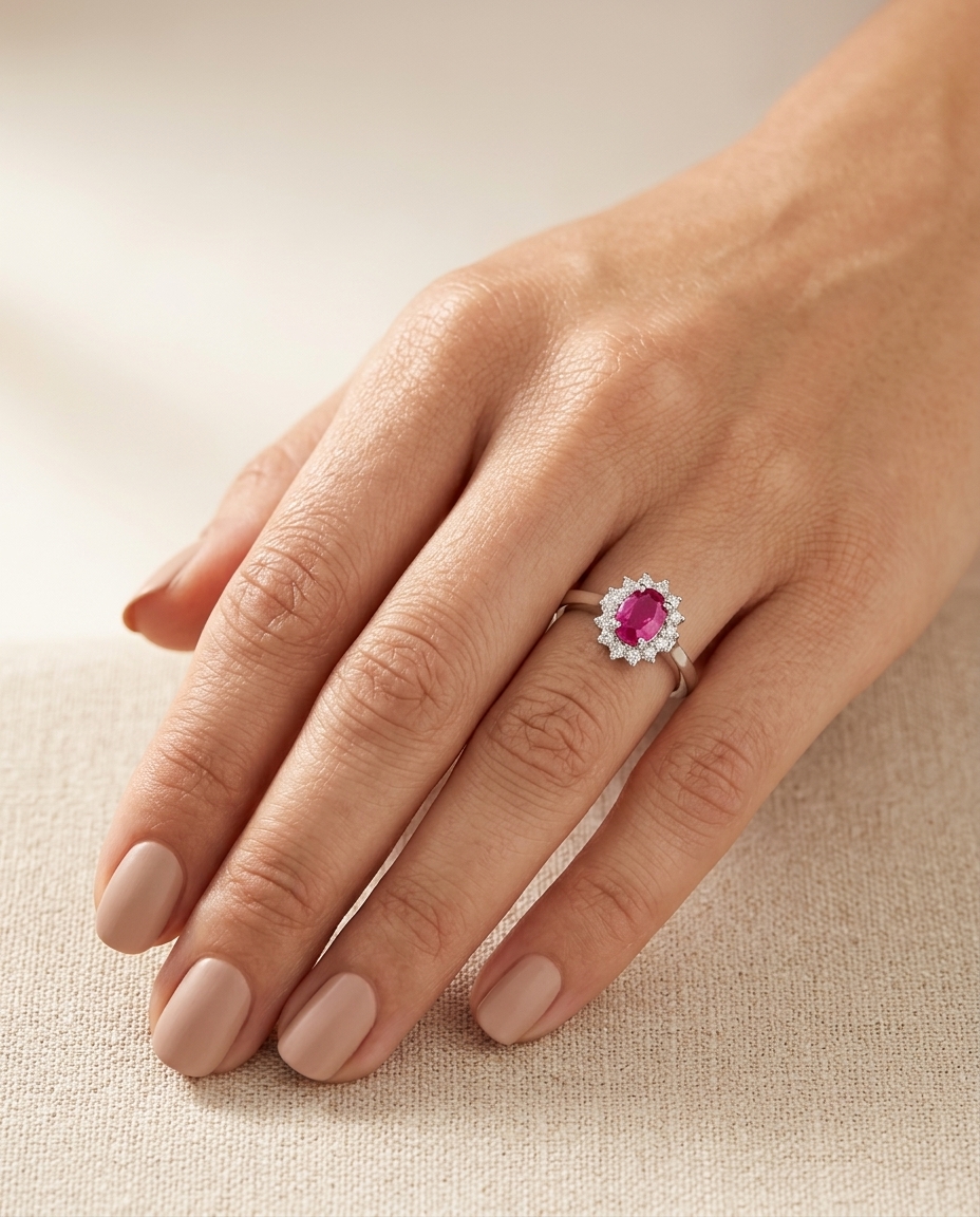 18KT White Gold Ruby and Diamonds Ring on model