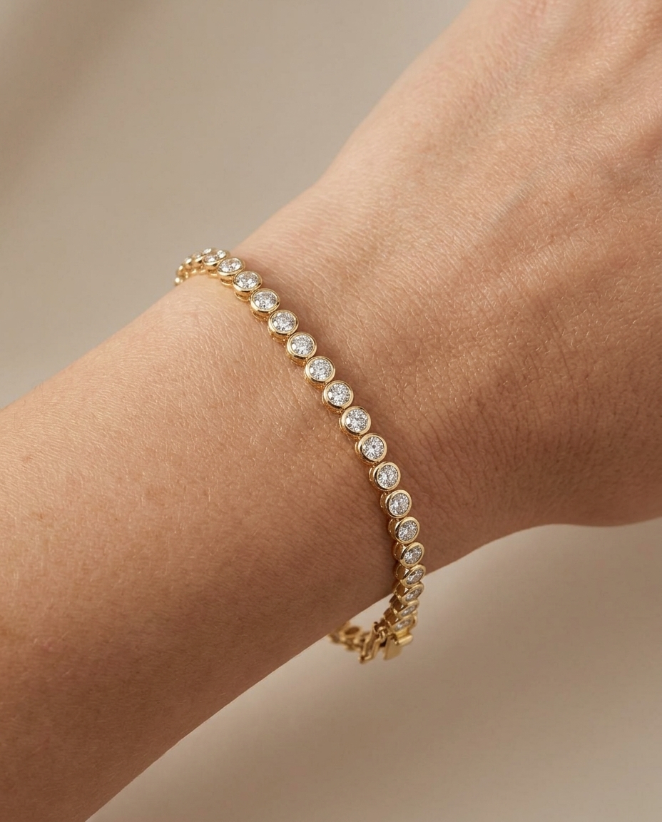 14KT Gold Diamond Bezel Set Tennis Bracelet on model
