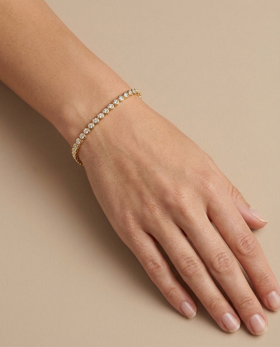 14KT Gold Diamond Bezel Set Tennis Bracelet on model