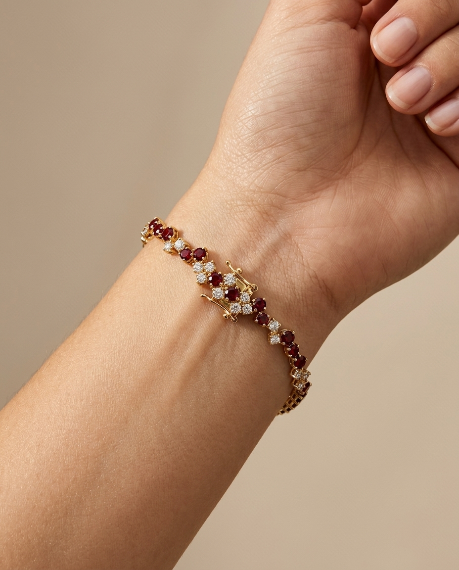 14KT Yellow Gold Ruby and Diamond Bracelet on model