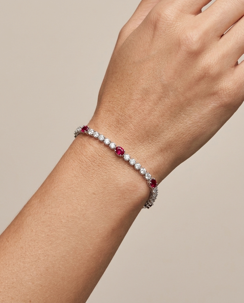 14KT White Gold Ruby and Diamond Bracelet on model