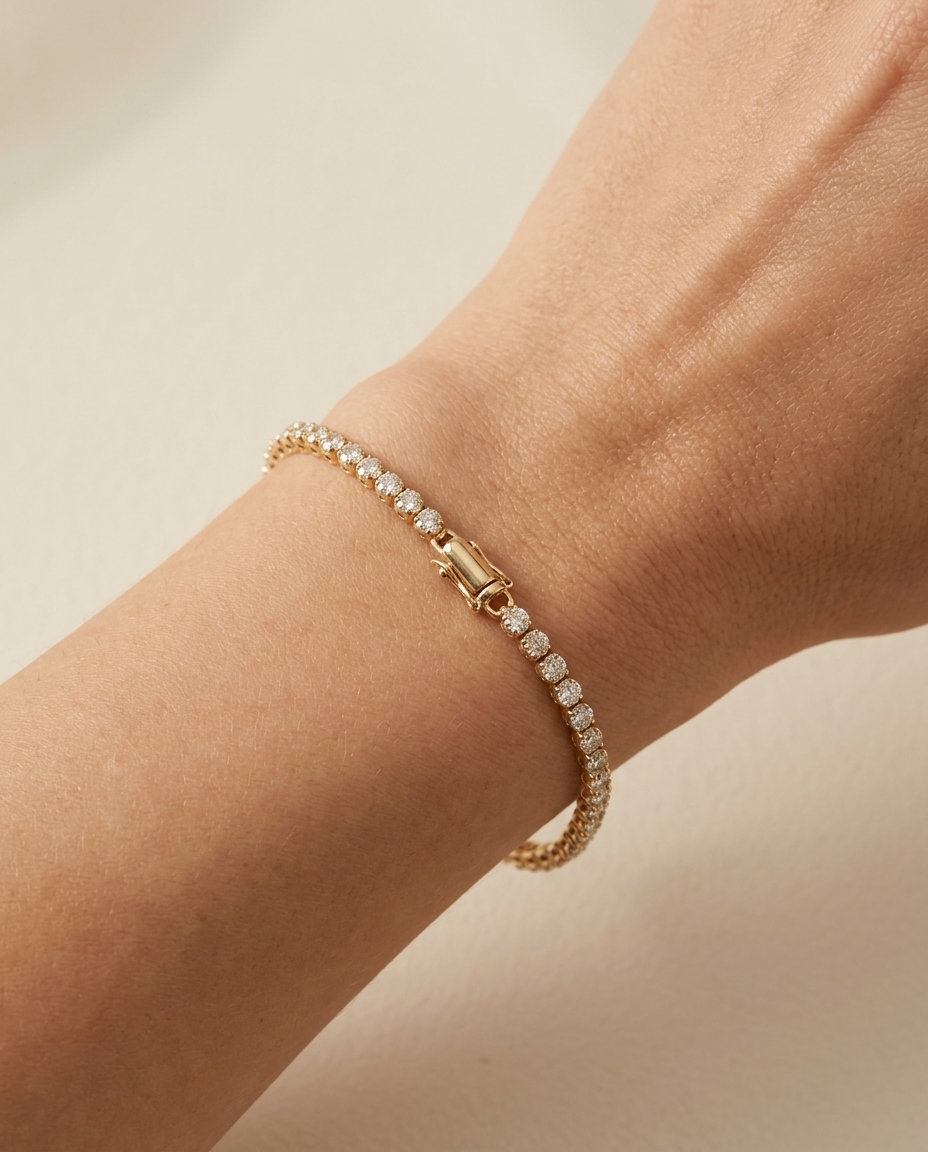 14KT Gold Diamond Tennis Bracelet (2 MM) on model