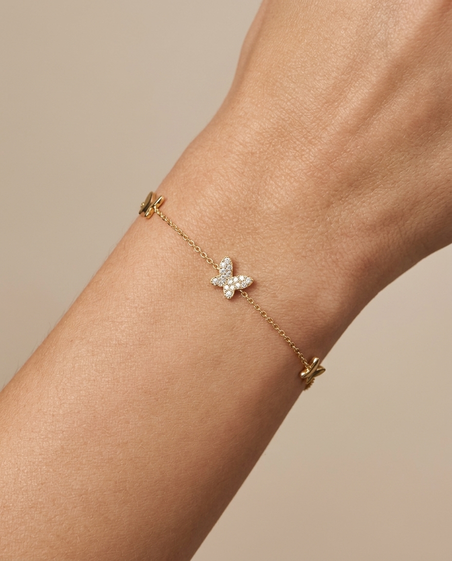 14KT Yellow Gold Diamond Butterfly Bracelet on model