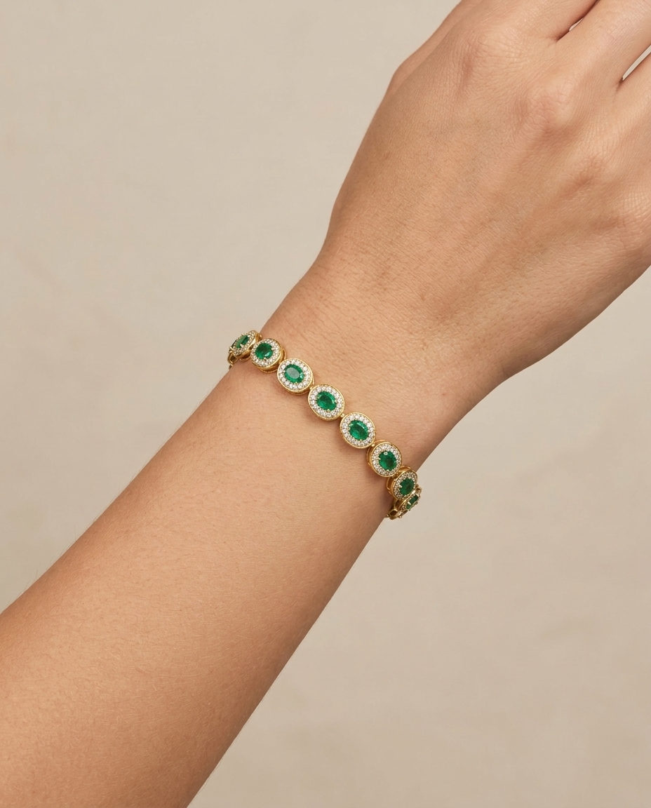 14KT Yellow Gold Emerald and Diamond Bracelet on model