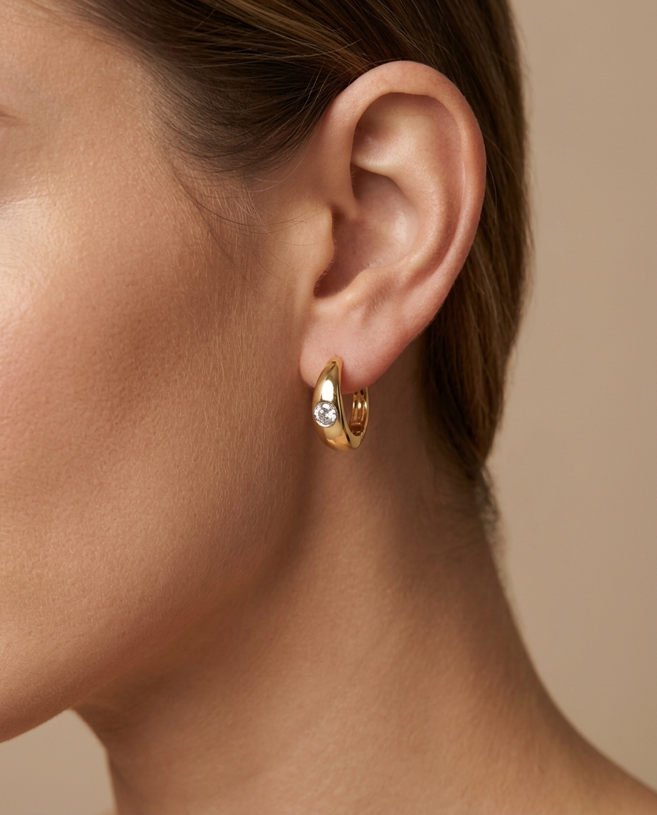 14KT Gold Diamond Hoop Earrings on model