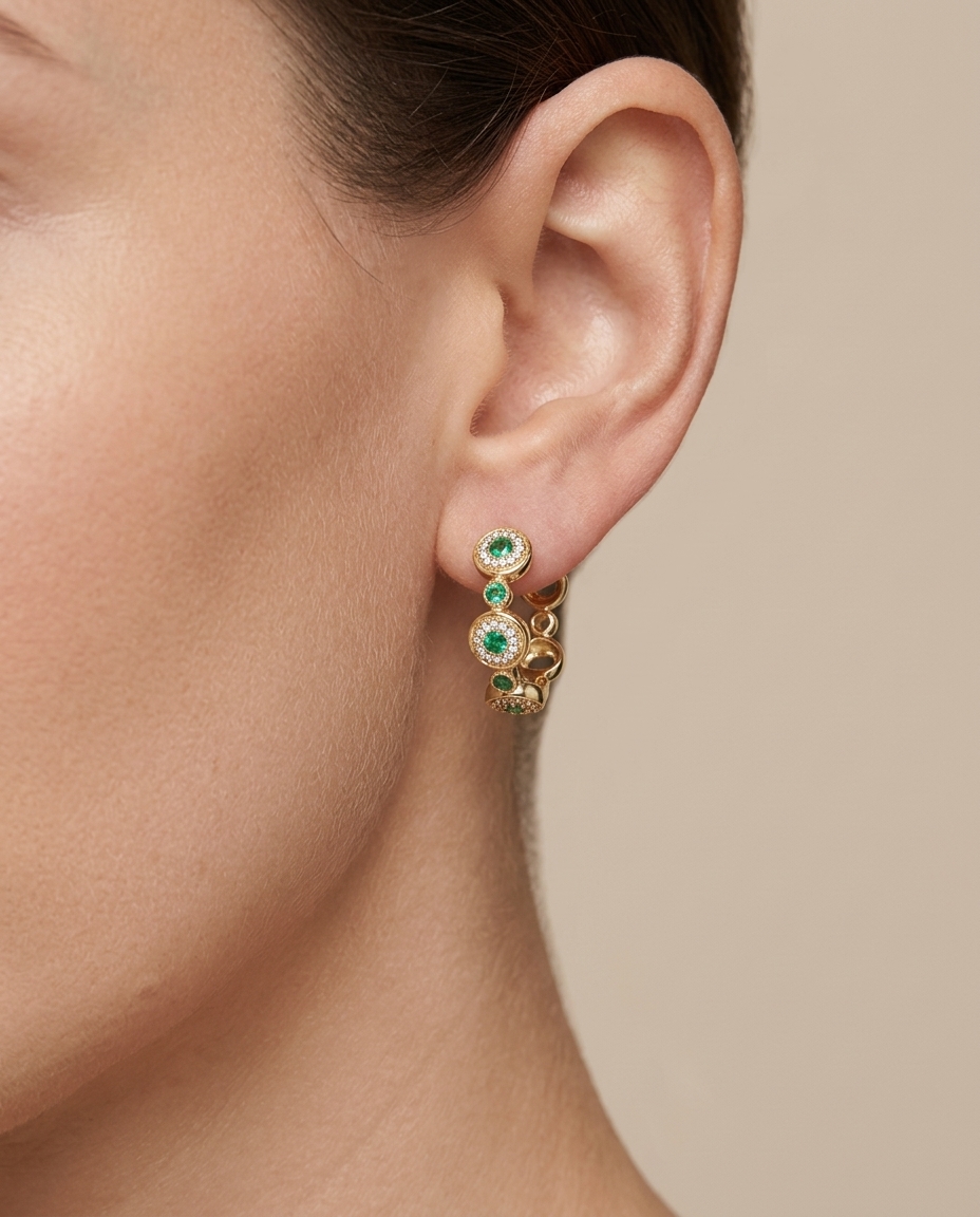 14KT Yellow Gold Emerald and Diamonds Hoop Earing view 2