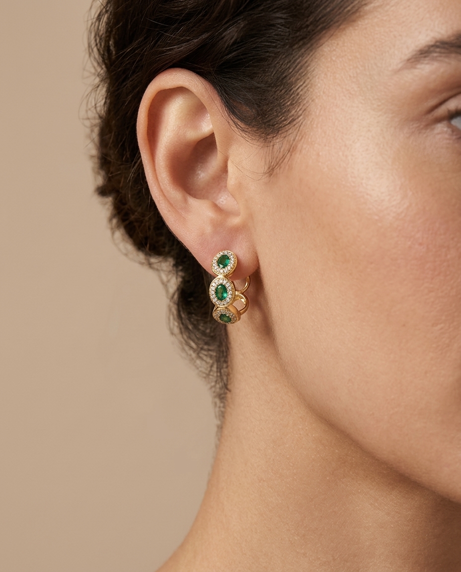 14KT Yellow Gold Emerald and Diamonds Hoop Earing on model