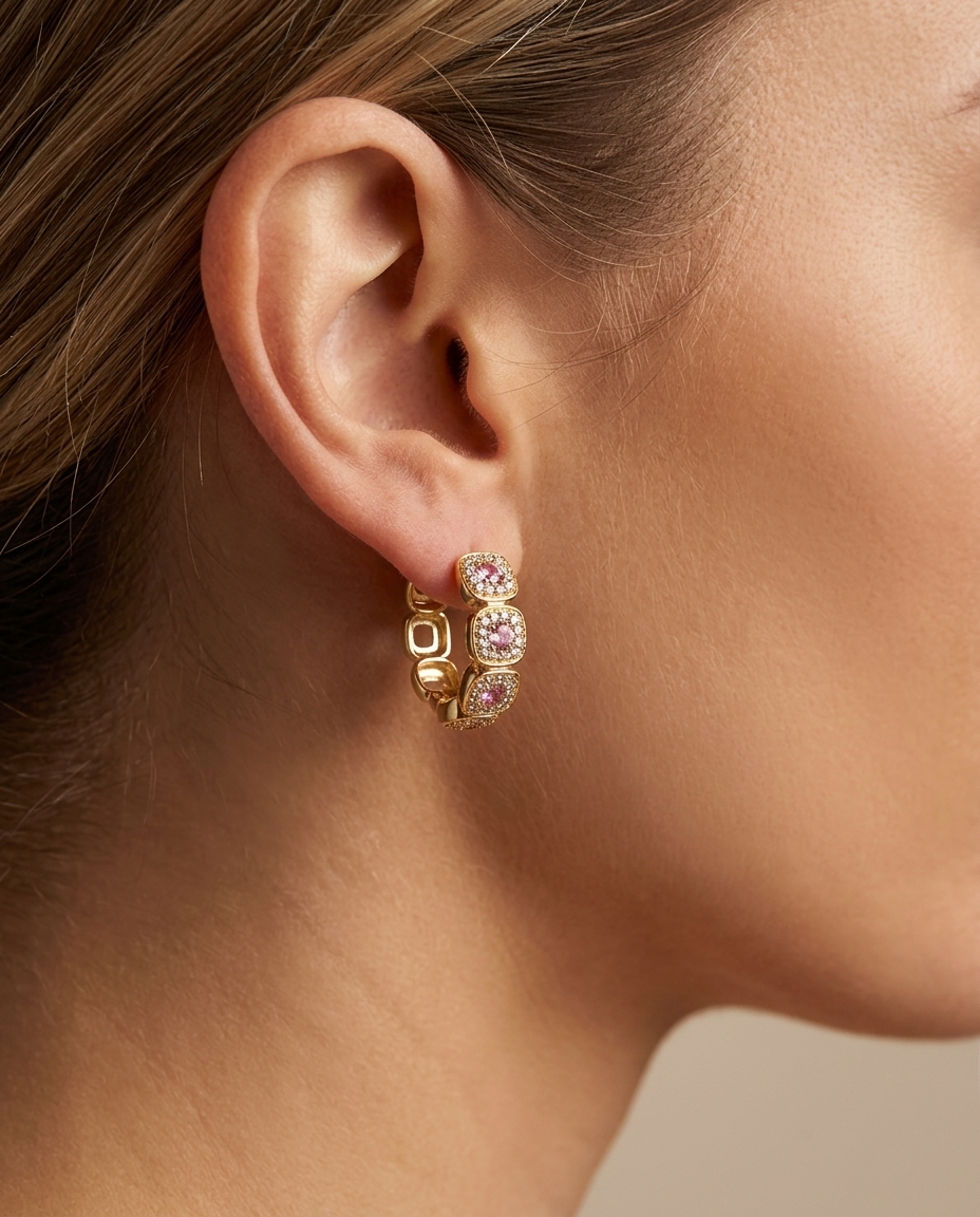 14KT Yellow Gold Pink Sapphire and Diamonds Hoop Earing view 2