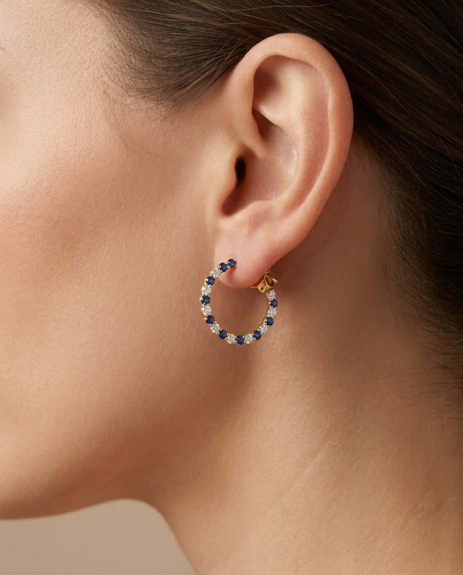 14KT Gold Blue Sapphire and Diamond Earrings on model