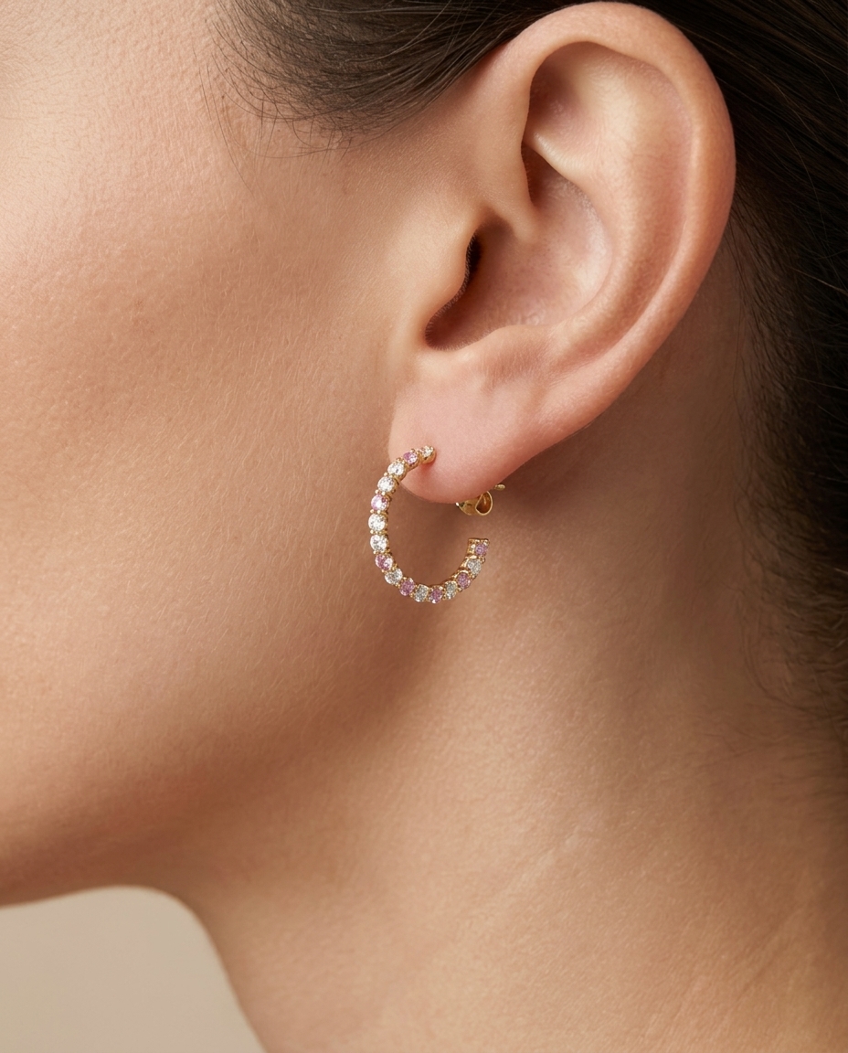 14KT Gold Pink Sapphire and Diamond Earrings on model