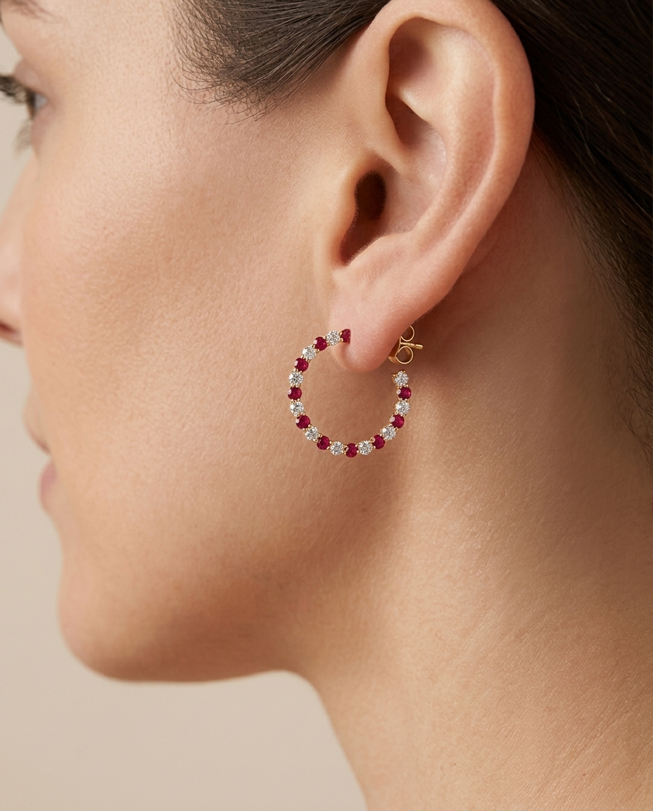 14KT Gold Ruby and Diamond Earrings view 2