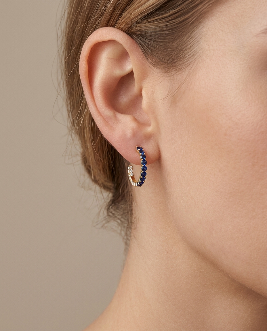 14KT Gold Blue Sapphire with Diamonds Earring on model