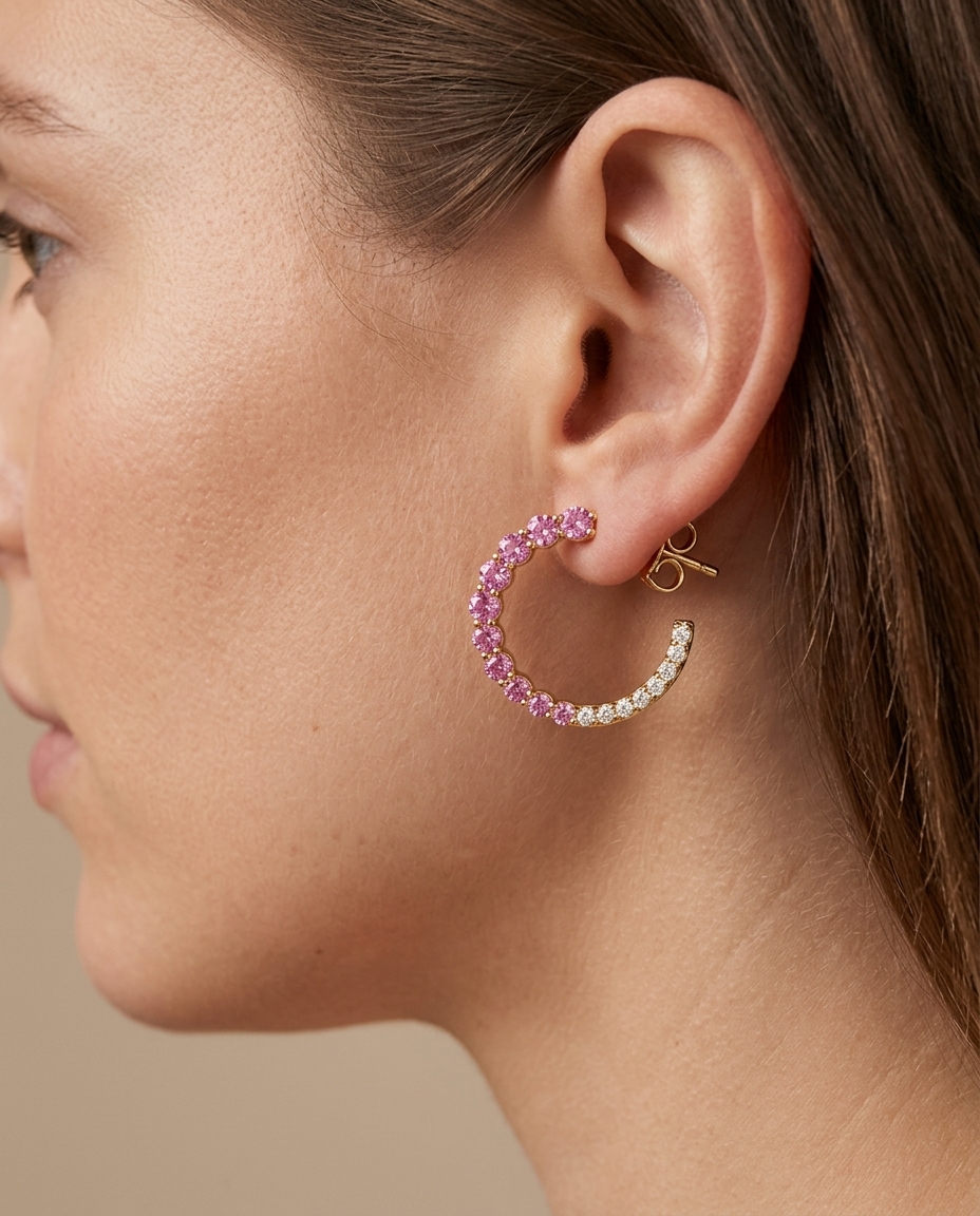 14KT Gold Pink Sapphire with Diamonds Earring on model