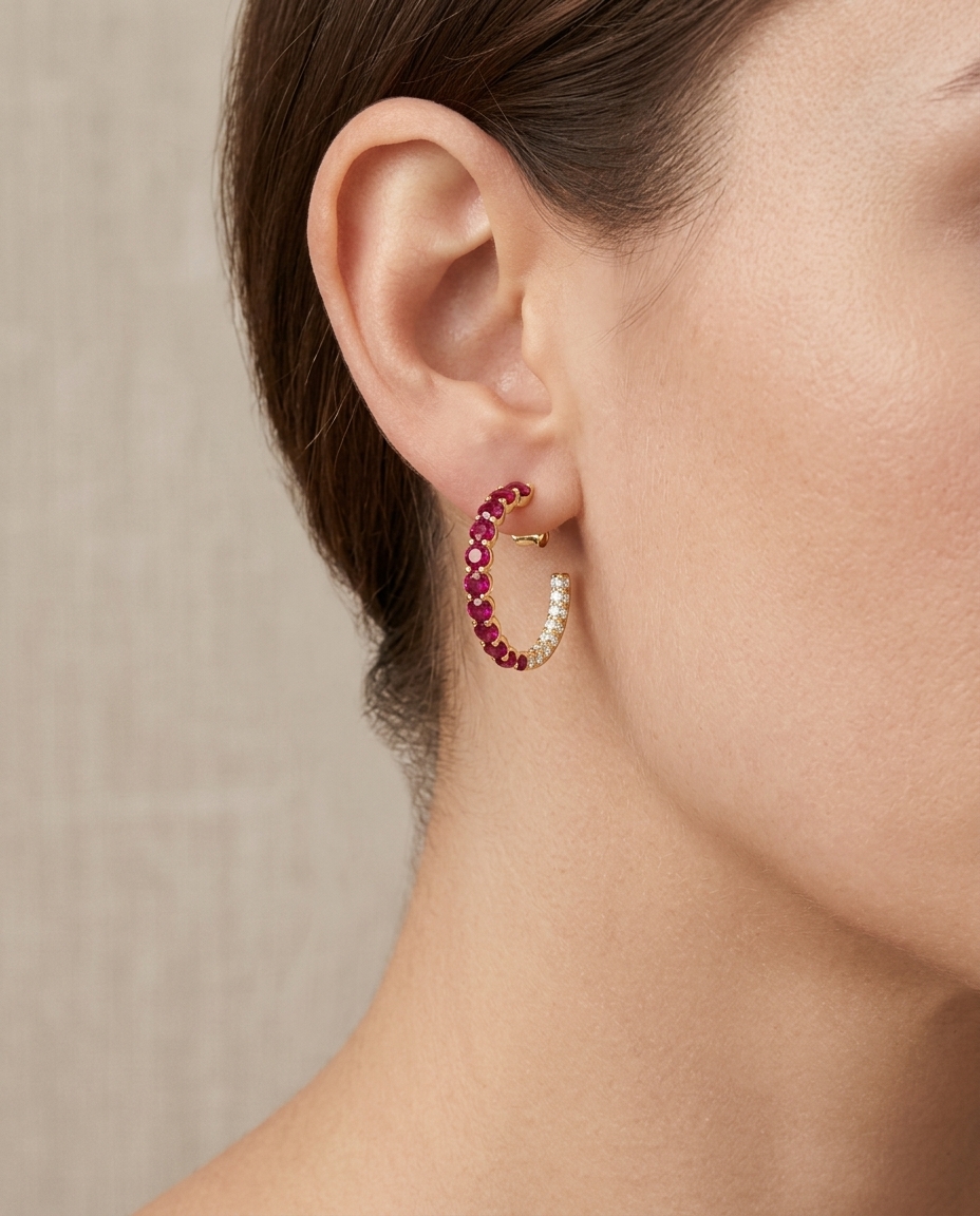 14KT Gold Ruby with Diamonds Earring view 2