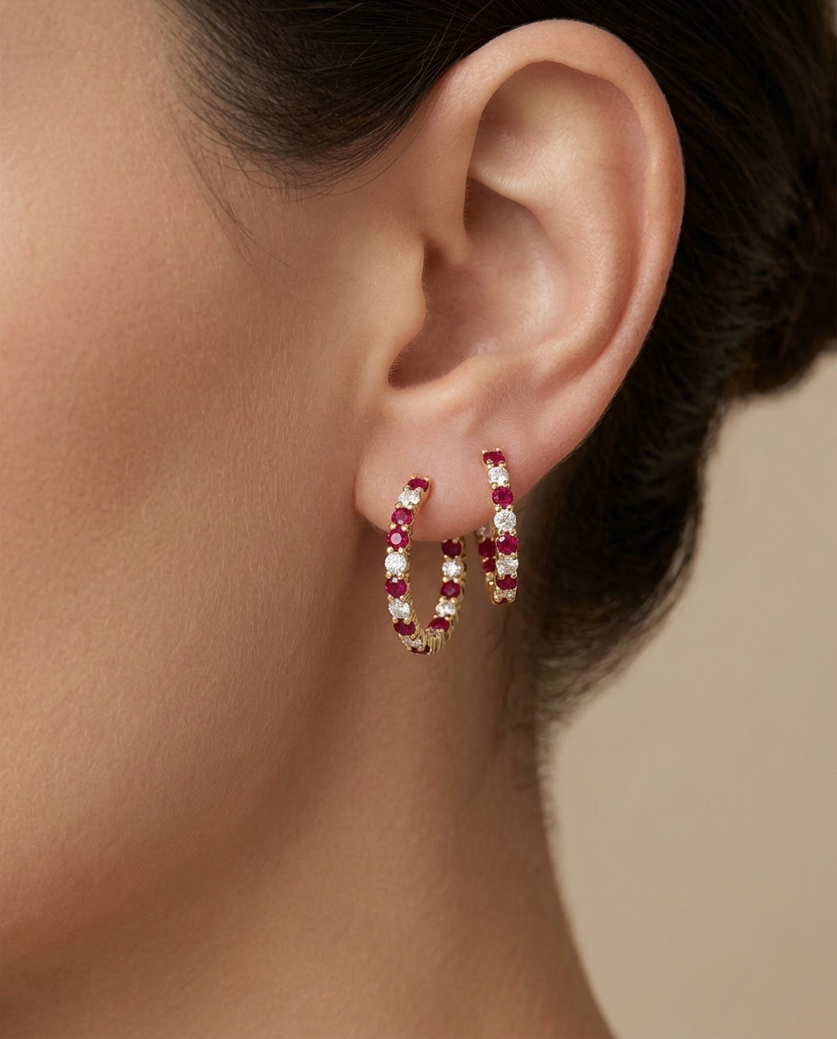 14KT Yellow Gold Ruby and Diamond Earring on model