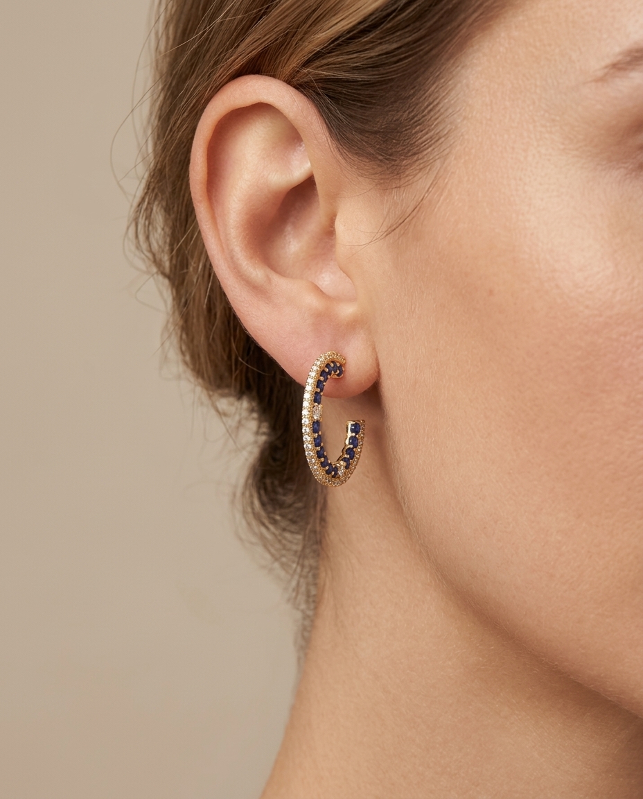 14KT Gold Blue Sapphire with Diamonds Earring on model