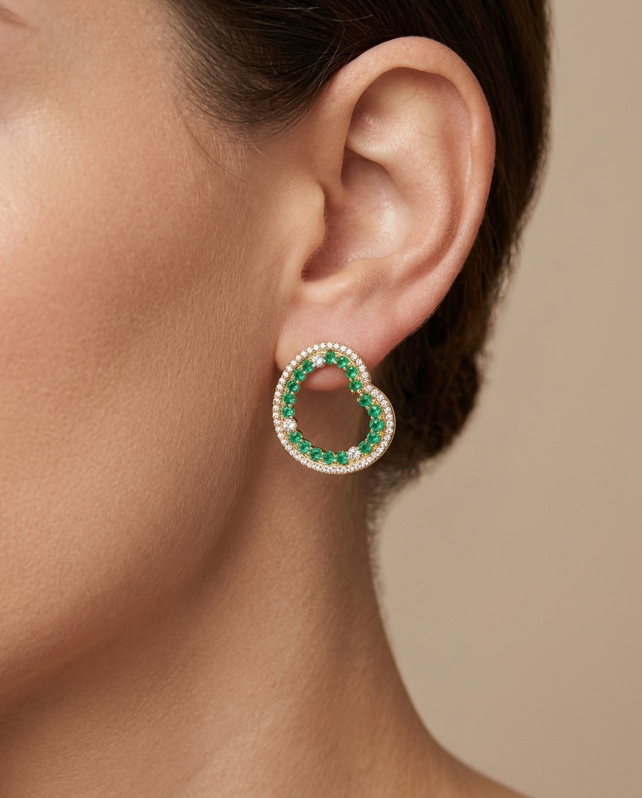 14KT Gold Emerald with Diamonds Earring on model