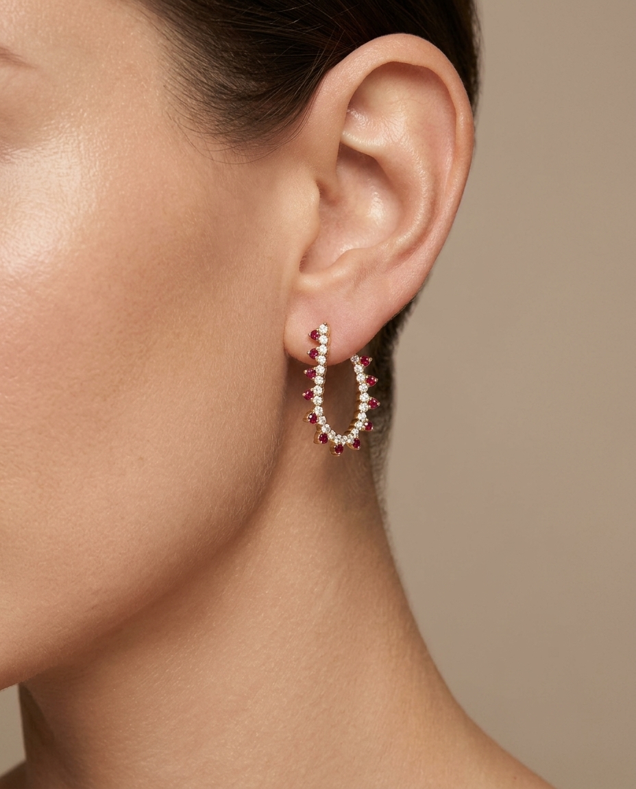 14KT Yellow Gold Ruby and Diamond Earring on model