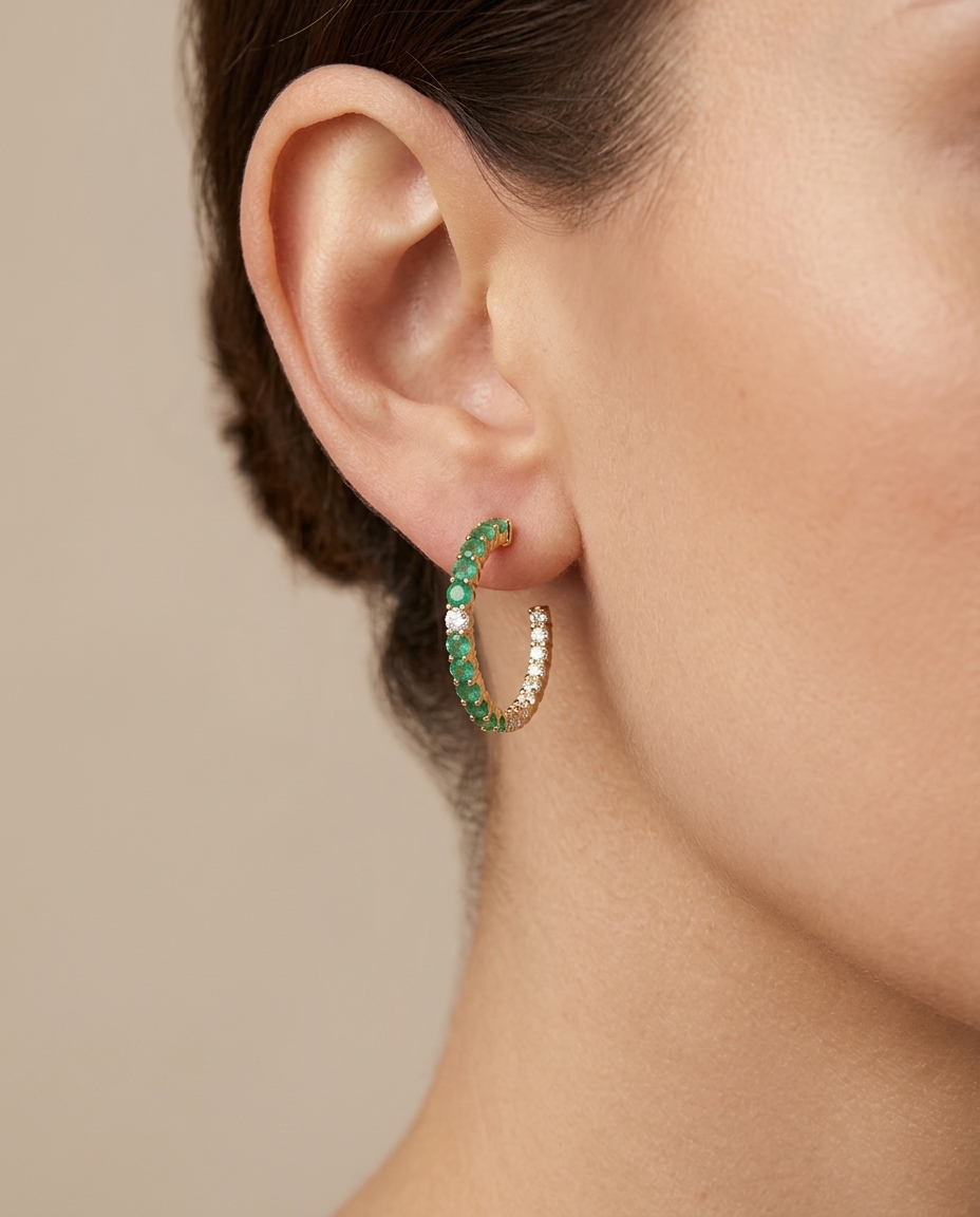 14KT Gold Emerald with Diamonds Earring view 2