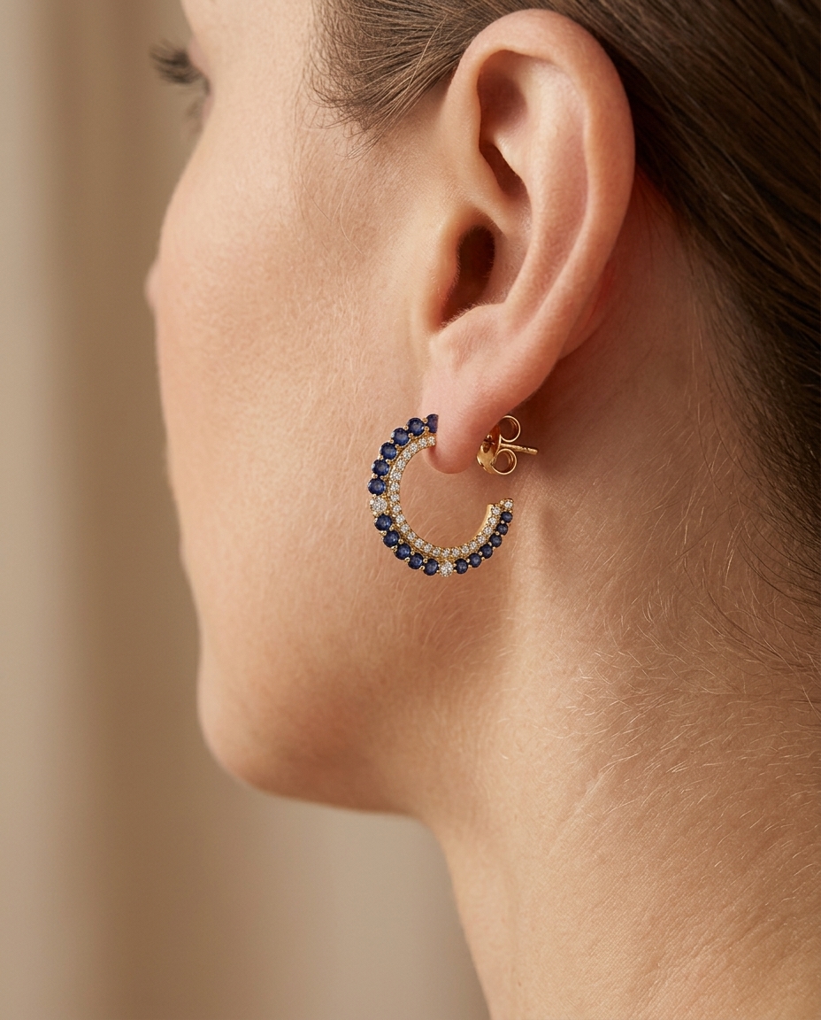 14KT Gold Blue Sapphire with Diamonds Earring on model