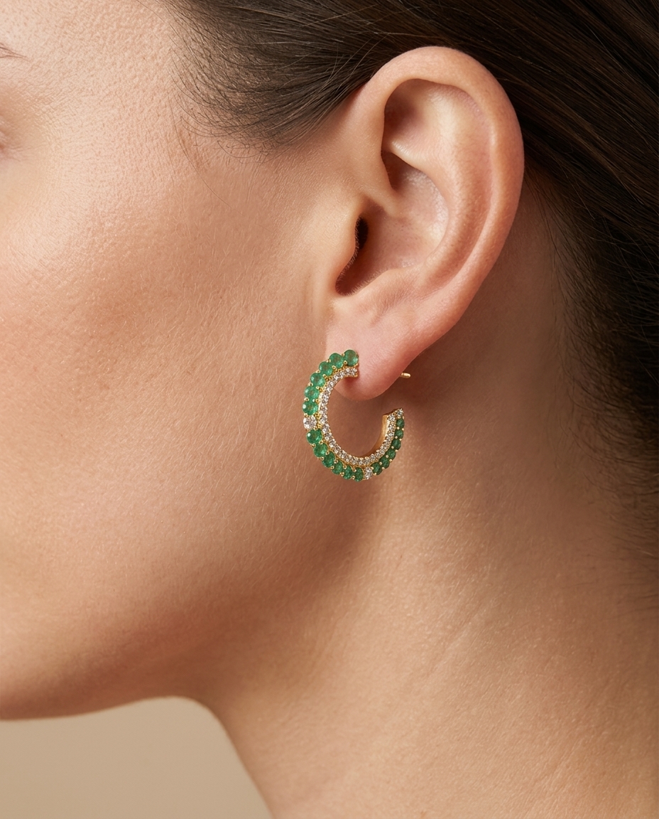 14KT Gold Emerald with Diamonds Earring on model