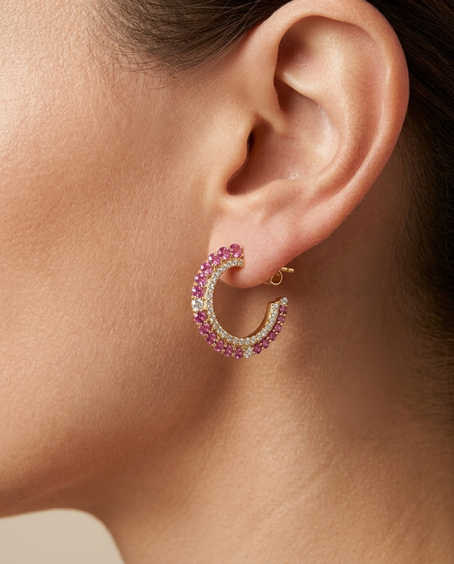 14KT Gold Pink Sapphire with Diamonds Earring on model