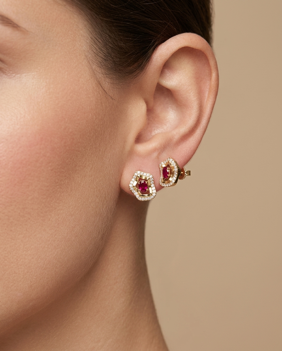 14KT Yellow Gold Ruby and Diamond Earring on model
