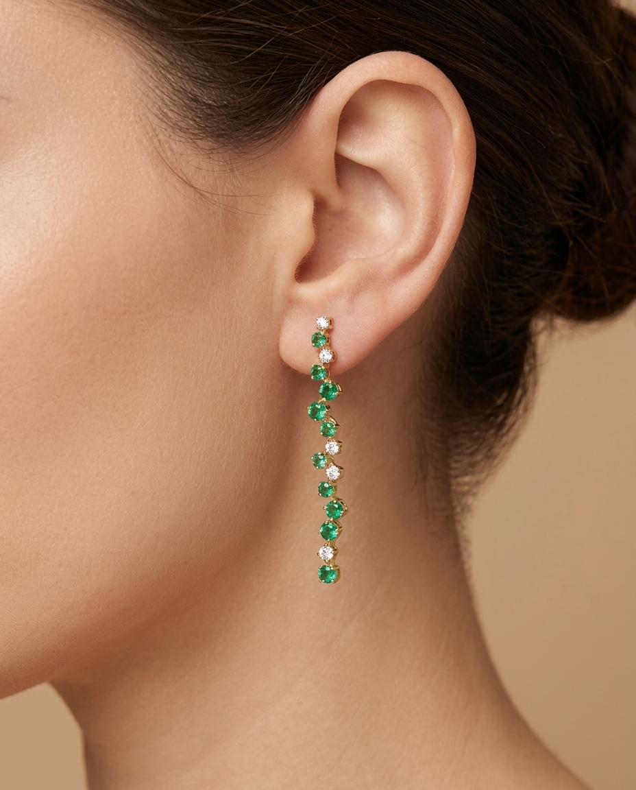 14KT Yellow Gold Diamond and Emerald Dangling Earrings view 2