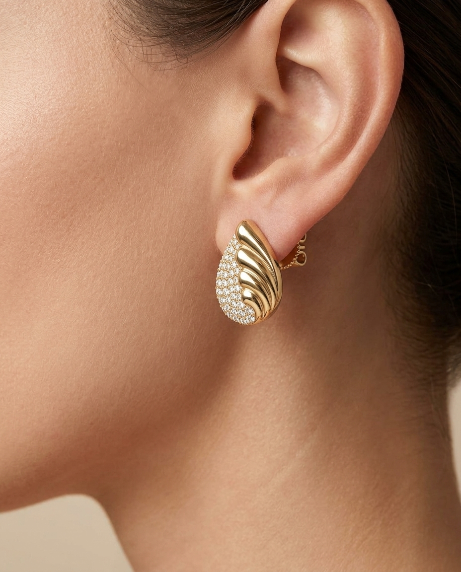 14KT Yellow Gold Diamond Earring on model