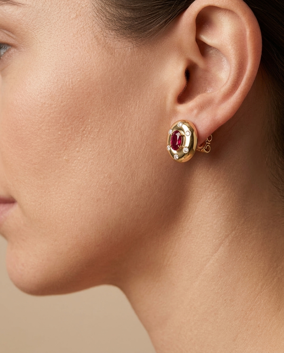 14KT Gold Ruby and Diamond Earring view 2