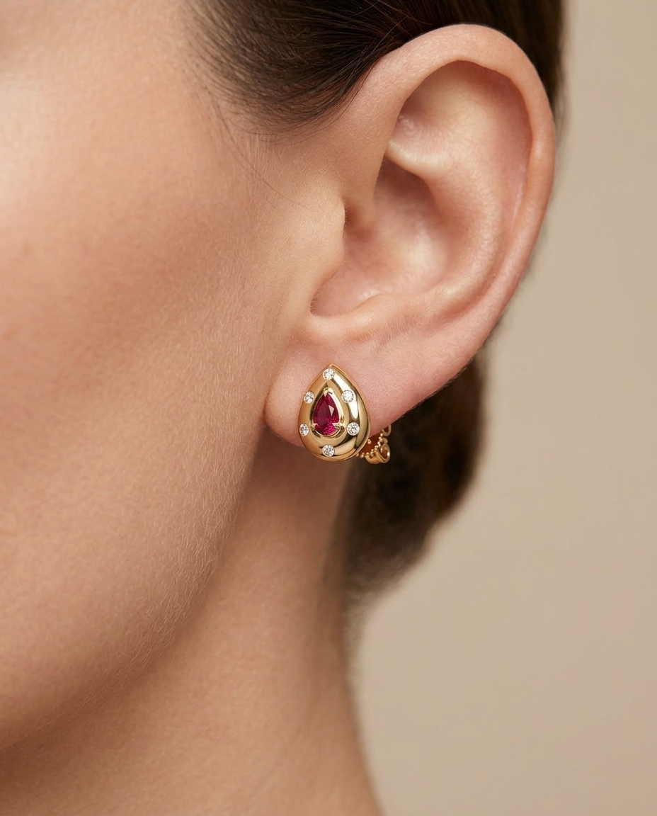 14KT Yellow Gold Ruby and Diamond Earring on model