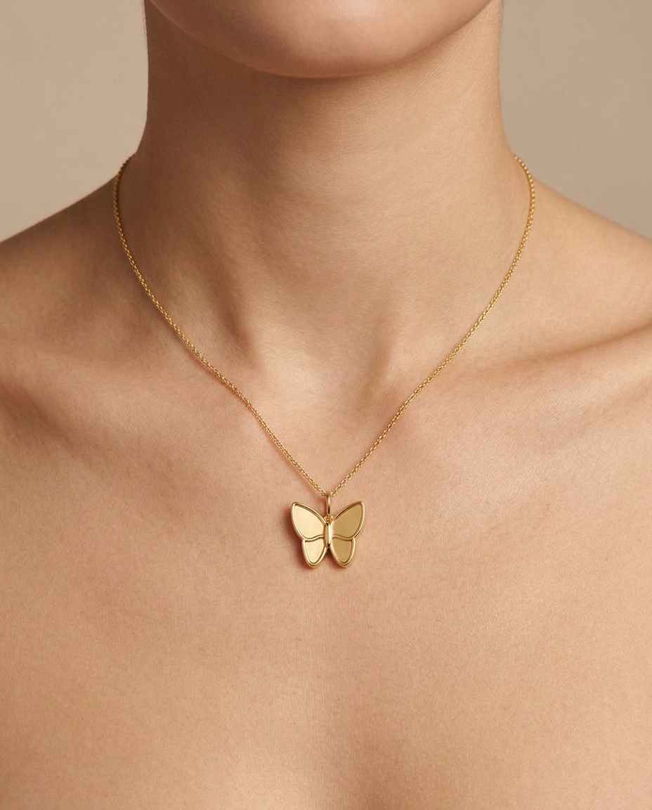 14KT Yellow Gold Butterfly Pendant on model