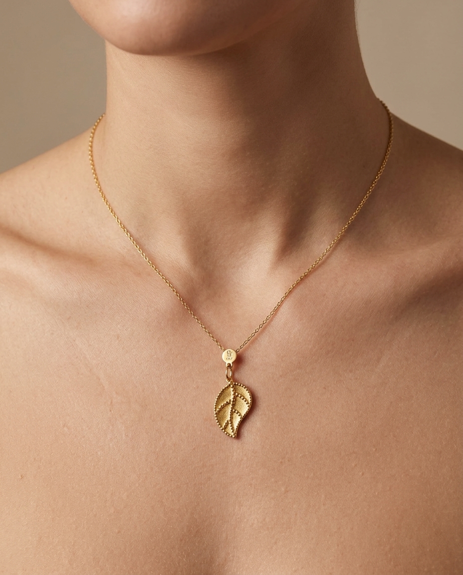 14KT Yellow Gold Leaf Pendant on model